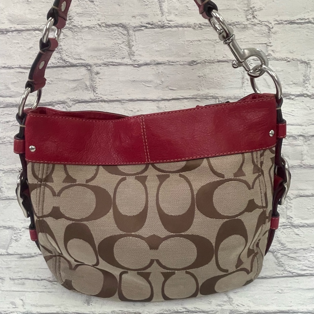 Coach Brown Cloth Purse with Red Leather Trim